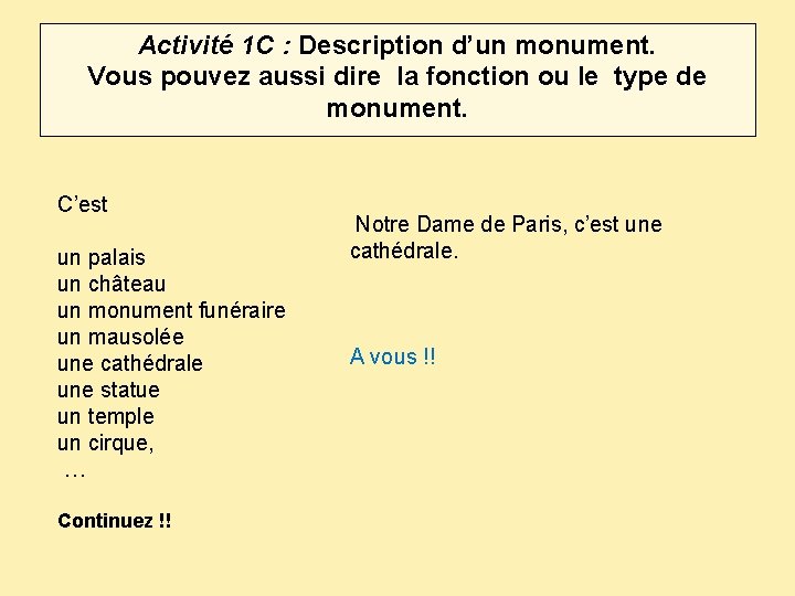 Activité 1 C : Description d’un monument. Vous pouvez aussi dire la fonction ou