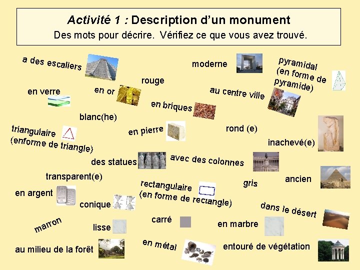 Activité 1 : Description d’un monument Des mots pour décrire. Vérifiez ce que vous