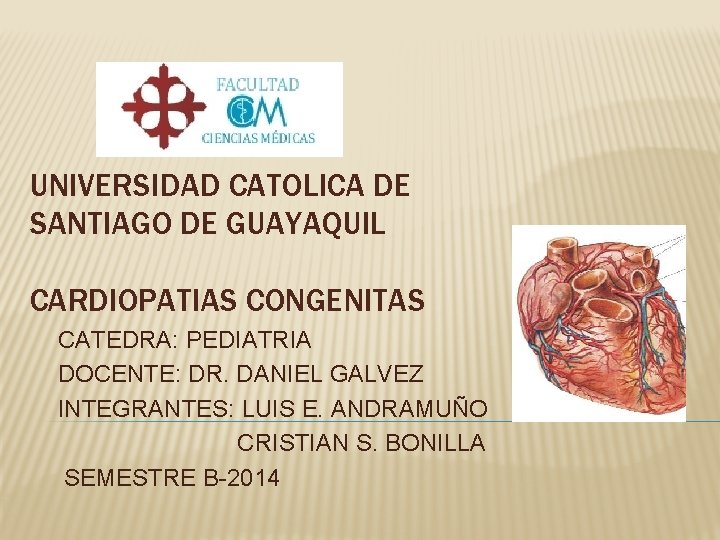 UNIVERSIDAD CATOLICA DE SANTIAGO DE GUAYAQUIL CARDIOPATIAS CONGENITAS CATEDRA: PEDIATRIA DOCENTE: DR. DANIEL GALVEZ