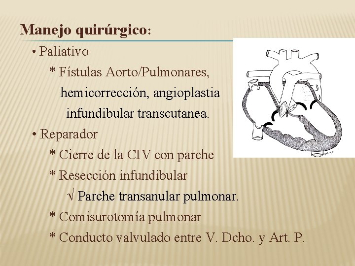 Manejo quirúrgico: • Paliativo * Fístulas Aorto/Pulmonares, hemicorrección, angioplastia infundibular transcutanea. • Reparador *