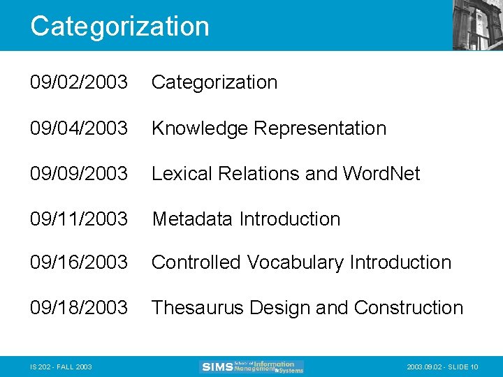 Categorization 09/02/2003 Categorization 09/04/2003 Knowledge Representation 09/09/2003 Lexical Relations and Word. Net 09/11/2003 Metadata