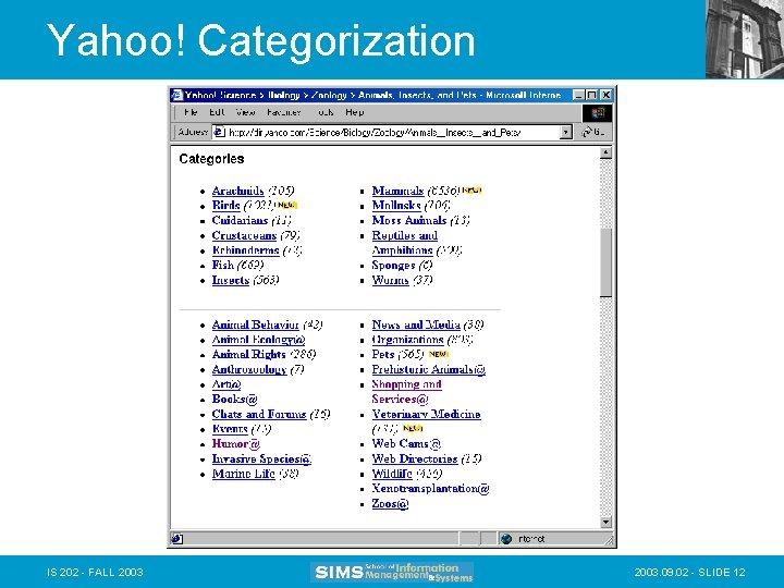 Yahoo! Categorization IS 202 - FALL 2003. 09. 02 - SLIDE 12 