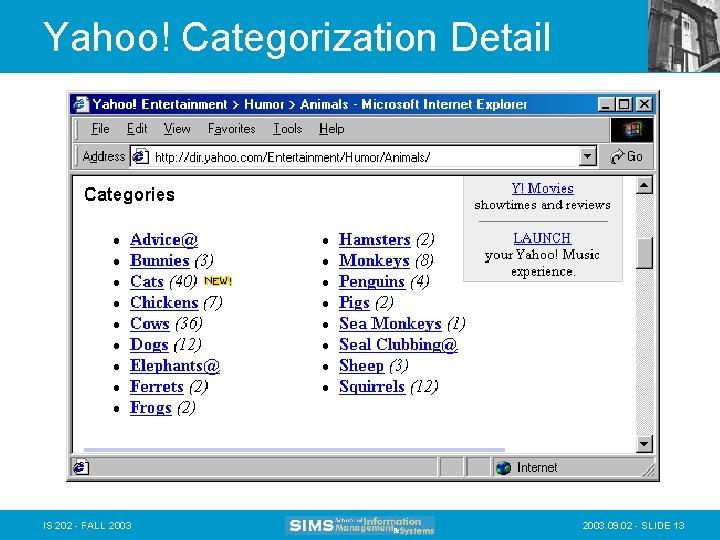 Yahoo! Categorization Detail IS 202 - FALL 2003. 09. 02 - SLIDE 13 