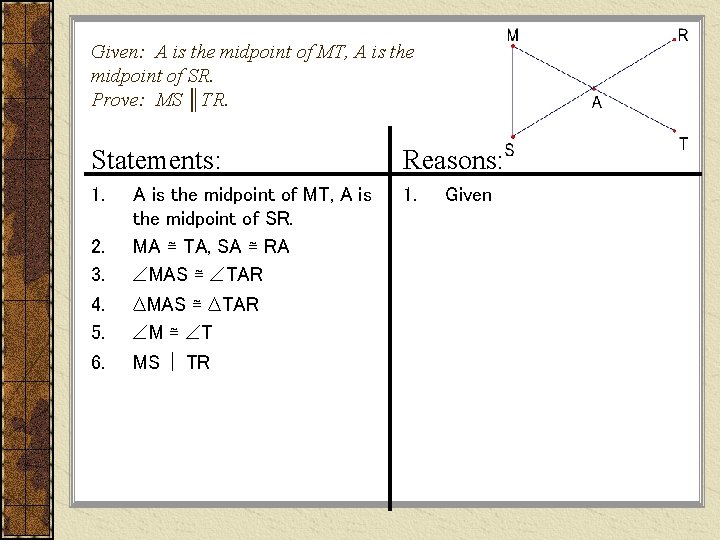 Given: A is the midpoint of MT, A is the midpoint of SR. Prove: