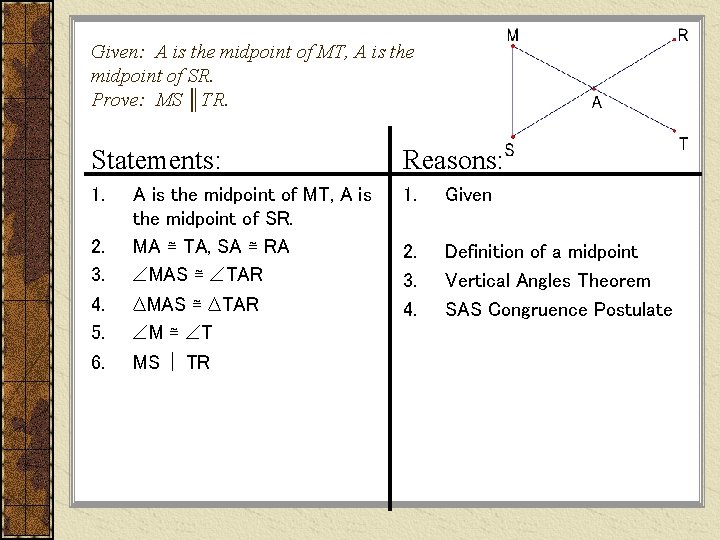 Given: A is the midpoint of MT, A is the midpoint of SR. Prove: