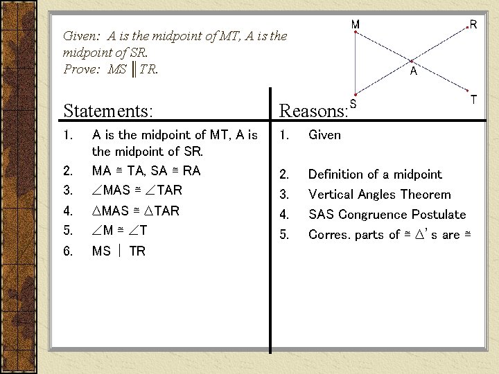 Given: A is the midpoint of MT, A is the midpoint of SR. Prove: