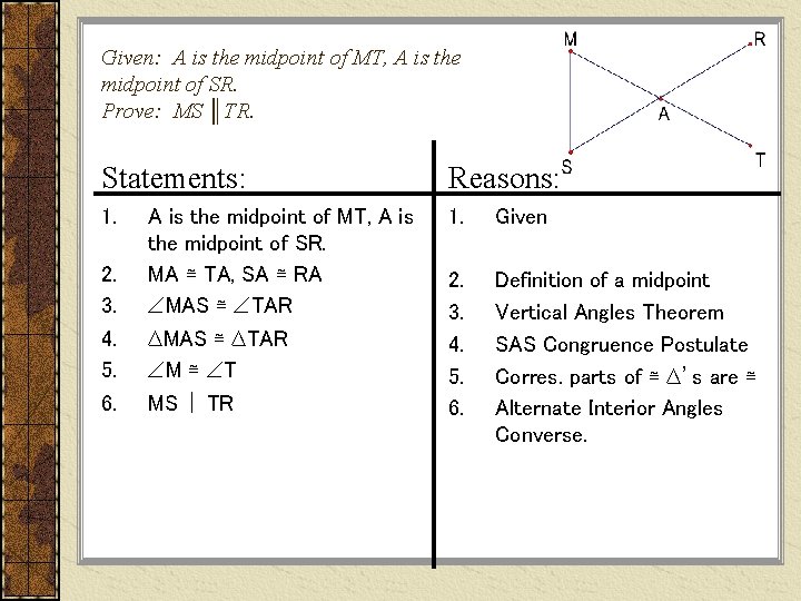 Given: A is the midpoint of MT, A is the midpoint of SR. Prove: