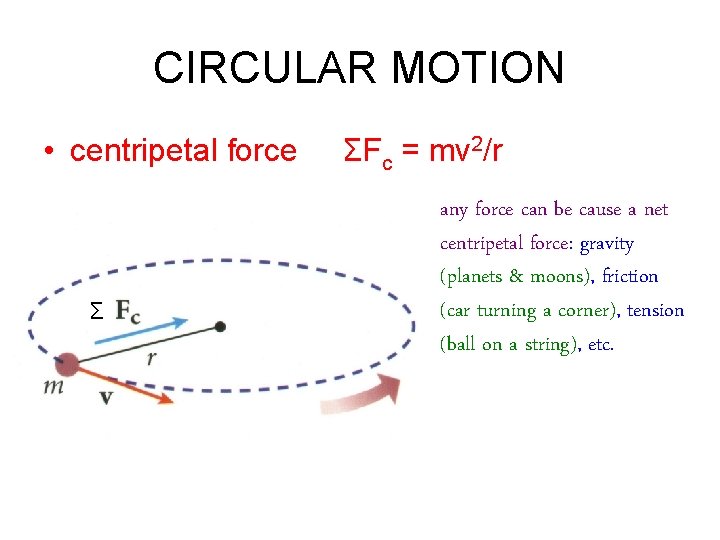 CIRCULAR MOTION • centripetal force ΣFc = mv 2/r Σ any force can be