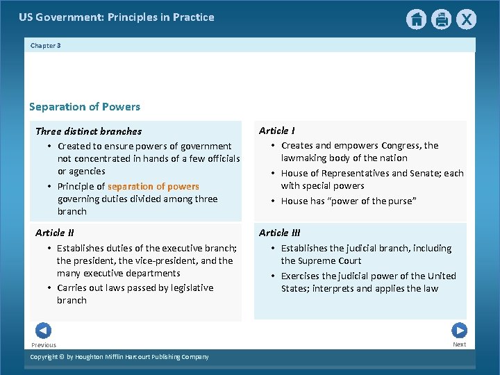 US Government: Principles in Practice Chapter 3 Separation of Powers Three distinct branches • US Government: Principles in Practice Chapter 3 Separation of Powers Three distinct branches •