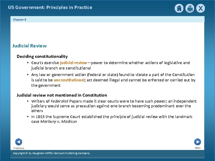 US Government: Principles in Practice Chapter 3 Judicial Review Deciding constitutionality • Courts exercise US Government: Principles in Practice Chapter 3 Judicial Review Deciding constitutionality • Courts exercise