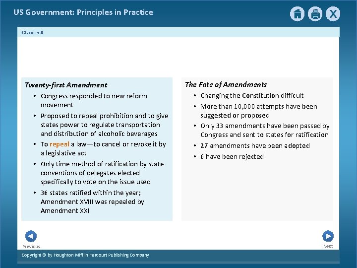 US Government: Principles in Practice Chapter 3 Twenty-first Amendment • Congress responded to new US Government: Principles in Practice Chapter 3 Twenty-first Amendment • Congress responded to new