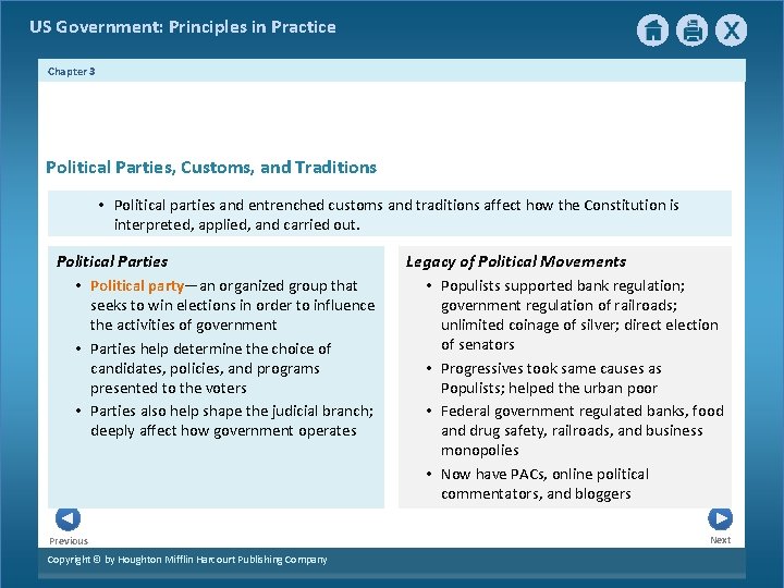 US Government: Principles in Practice Chapter 3 Political Parties, Customs, and Traditions • Political US Government: Principles in Practice Chapter 3 Political Parties, Customs, and Traditions • Political