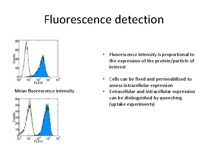 Fluorescence detection • Fluorescence intensity is proportional to the expression of the protein/particle of Fluorescence detection • Fluorescence intensity is proportional to the expression of the protein/particle of