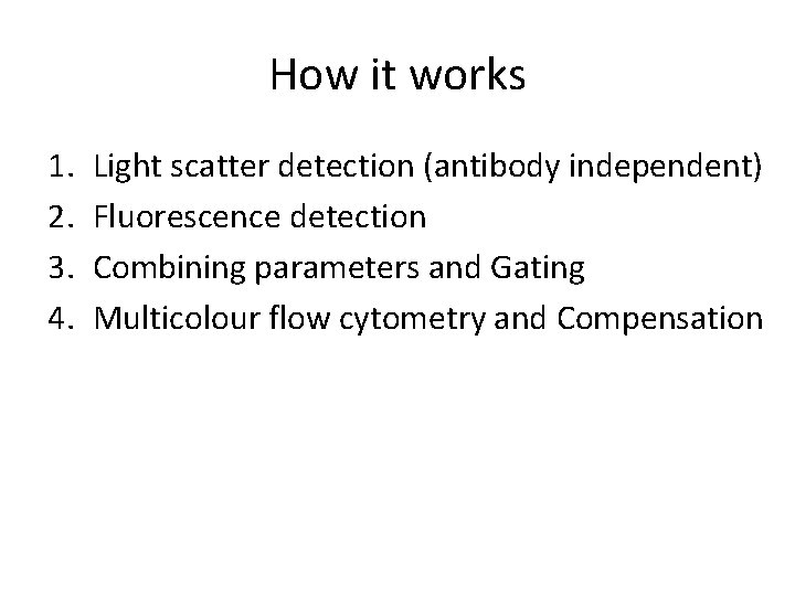 How it works 1. 2. 3. 4. Light scatter detection (antibody independent) Fluorescence detection How it works 1. 2. 3. 4. Light scatter detection (antibody independent) Fluorescence detection