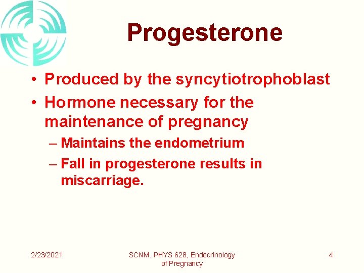 Progesterone • Produced by the syncytiotrophoblast • Hormone necessary for the maintenance of pregnancy