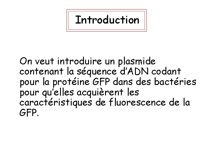 Introduction On veut introduire un plasmide contenant la séquence d’ADN codant pour la protéine