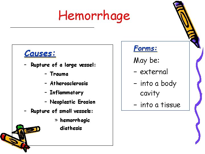 Hemorrhage Forms: Causes: – Rupture of a large vessel: – Trauma – Atherosclerosis –