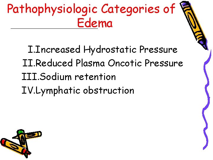 Pathophysiologic Categories of Edema I. Increased Hydrostatic Pressure II. Reduced Plasma Oncotic Pressure III.