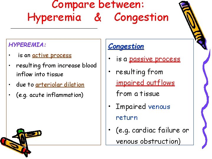 Compare between: Hyperemia & Congestion HYPEREMIA: • is an active process • resulting from