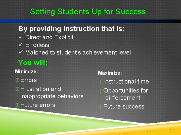 Setting Students Up for Success By providing instruction that is: ü Direct and Explicit