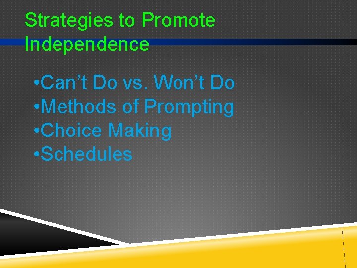 Strategies to Promote Independence • Can’t Do vs. Won’t Do • Methods of Prompting