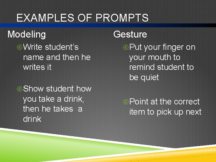 EXAMPLES OF PROMPTS Modeling Write student’s name and then he writes it Gesture Put