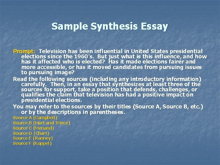 Sample Synthesis Essay Prompt: Television has been influential in United States presidential elections since