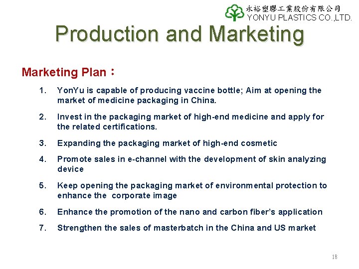永裕塑膠 業股份有限公司 YONYU PLASTICS CO. , LTD. Production and Marketing Plan: 1. Yon. Yu 永裕塑膠 業股份有限公司 YONYU PLASTICS CO. , LTD. Production and Marketing Plan: 1. Yon. Yu