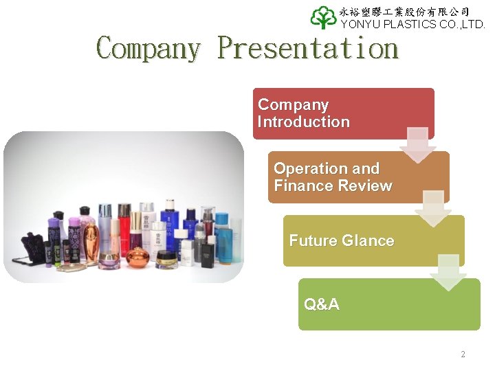 永裕塑膠 業股份有限公司 YONYU PLASTICS CO. , LTD. Company Presentation Company Introduction Operation and Finance 永裕塑膠 業股份有限公司 YONYU PLASTICS CO. , LTD. Company Presentation Company Introduction Operation and Finance