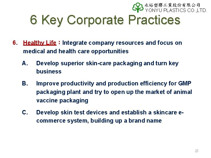 永裕塑膠 業股份有限公司 YONYU PLASTICS CO. , LTD. 6 Key Corporate Practices 6. Healthy Life:Integrate 永裕塑膠 業股份有限公司 YONYU PLASTICS CO. , LTD. 6 Key Corporate Practices 6. Healthy Life:Integrate