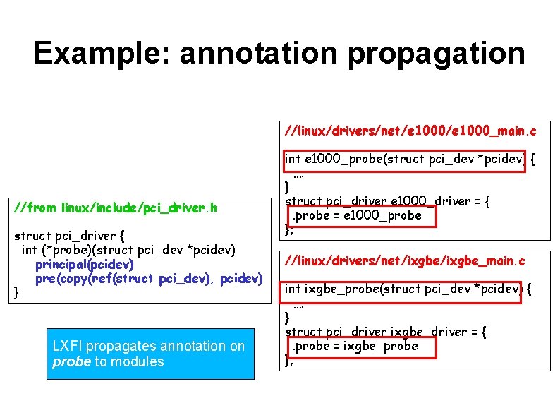 Example: annotation propagation //linux/drivers/net/e 1000_main. c //from linux/include/pci_driver. h struct pci_driver { int (*probe)(struct