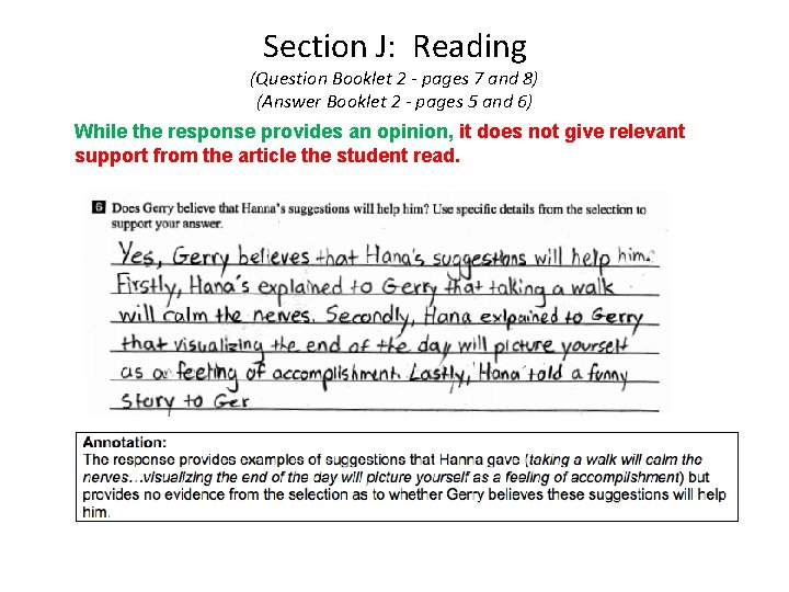 Section J: Reading (Question Booklet 2 - pages 7 and 8) (Answer Booklet 2