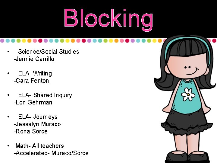 Blocking • Science/Social Studies -Jennie Carrillo • ELA- Writing -Cara Fenton • ELA- Shared