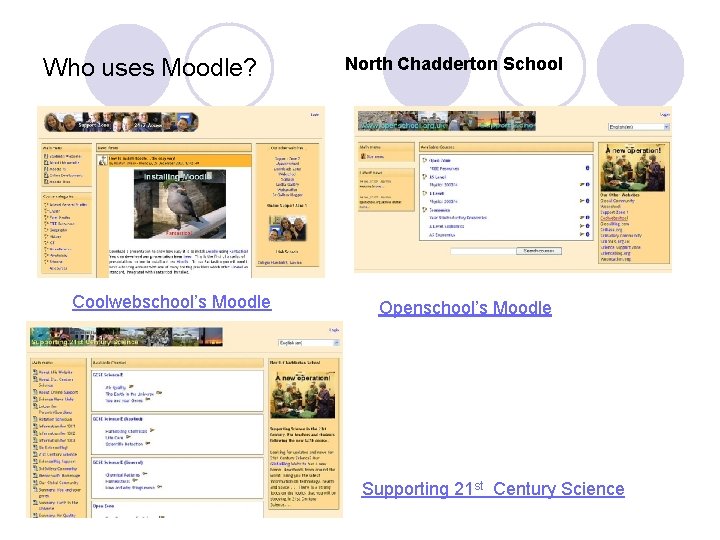 Who uses Moodle? Coolwebschool’s Moodle North Chadderton School Openschool’s Moodle Supporting 21 st Century