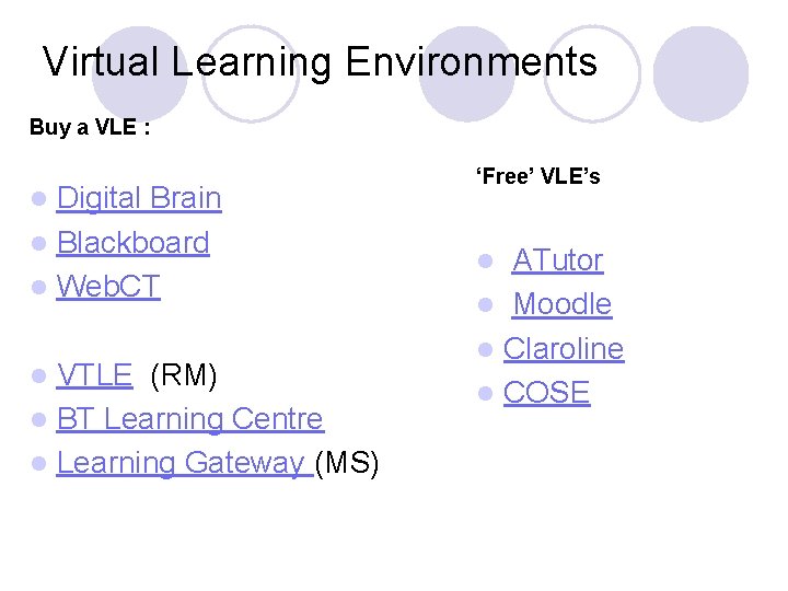 Virtual Learning Environments Buy a VLE : Digital Brain l Blackboard l Web. CT