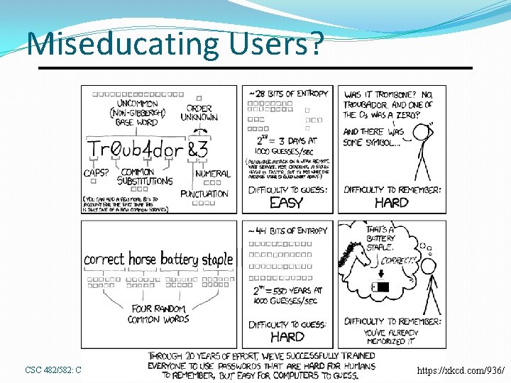 Miseducating Users? CSC 482/582: Computer Security https: //xkcd. com/936/ 