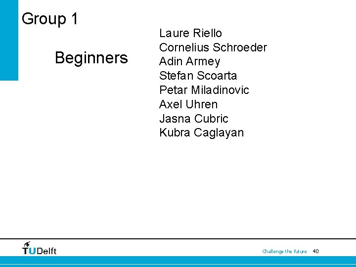 Group 1 Beginners Laure Riello Cornelius Schroeder Adin Armey Stefan Scoarta Petar Miladinovic Axel