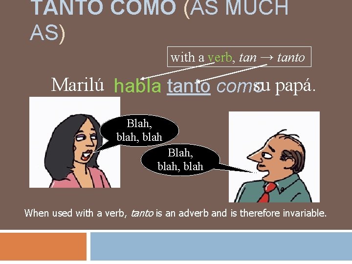 TANTO COMO (AS MUCH AS) with a verb, tan → tanto Marilú su papá. TANTO COMO (AS MUCH AS) with a verb, tan → tanto Marilú su papá.