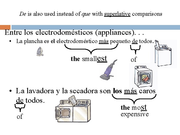De is also used instead of que with superlative comparisons Entre los electrodomésticos (appliances). De is also used instead of que with superlative comparisons Entre los electrodomésticos (appliances).