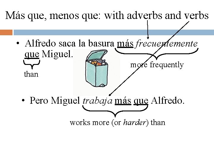 Más que, menos que: with adverbs and verbs • Alfredo saca la basura más Más que, menos que: with adverbs and verbs • Alfredo saca la basura más