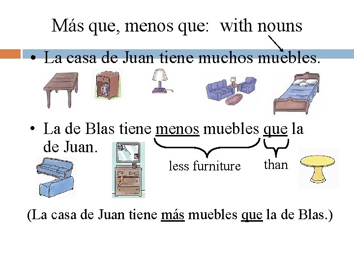 Más que, menos que: with nouns • La casa de Juan tiene muchos muebles. Más que, menos que: with nouns • La casa de Juan tiene muchos muebles.