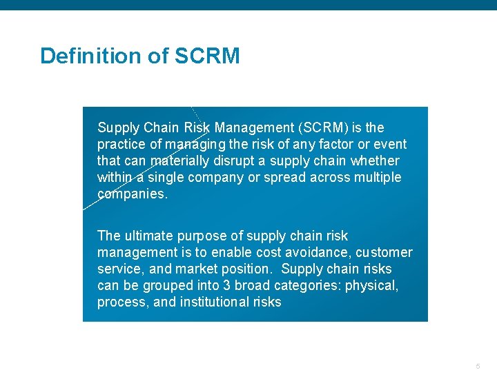 Definition of SCRM Supply Chain Risk Management (SCRM) is the practice of managing the