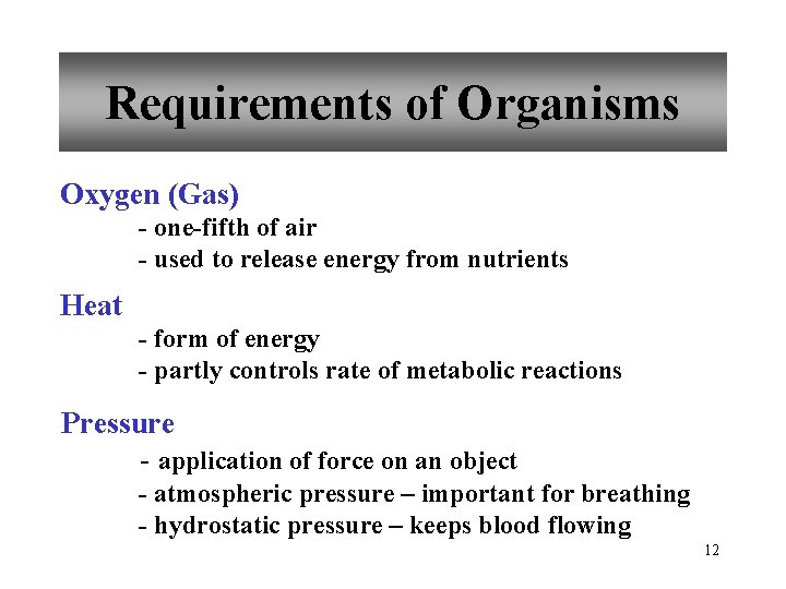 Requirements of Organisms Oxygen (Gas) - one-fifth of air - used to release energy