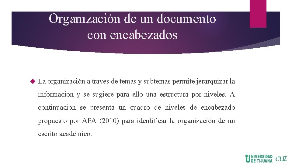 Organización de un documento con encabezados La organización a través de temas y subtemas