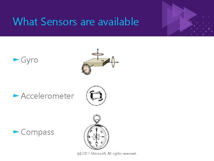 What Sensors are available ► Gyro ► Accelerometer ► Compass (c) 2011 Microsoft. All