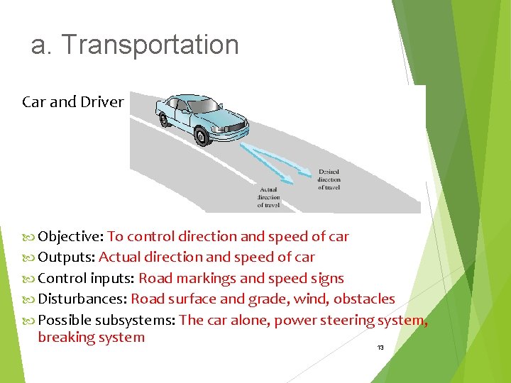 a. Transportation Car and Driver Objective: To control direction and speed of car Outputs: