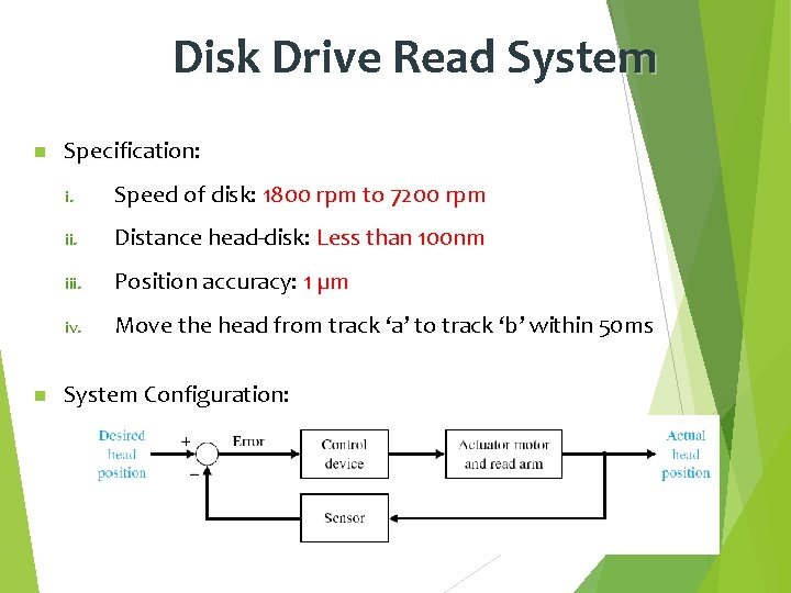 Disk Drive Read System n n Specification: i. Speed of disk: 1800 rpm to