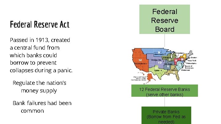 Federal Reserve Act Federal Reserve Board Passed in 1913, created a central fund from