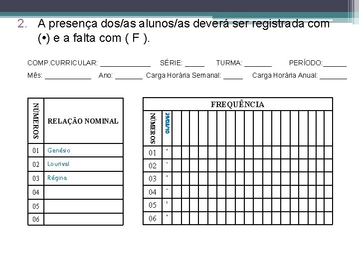 2. A presença dos/as alunos/as deverá ser registrada com ( • ) e a