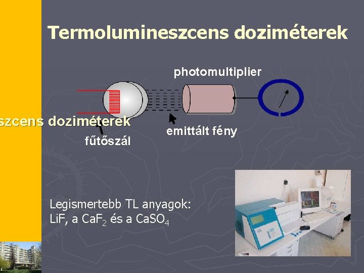 Termolumineszcens doziméterek photomultiplier szcens doziméterek fűtőszál emittált fény Legismertebb TL anyagok: Li. F, a